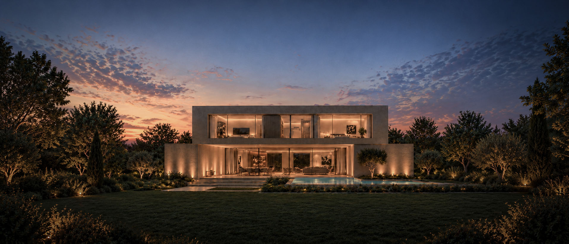 FBK House garden facade at dusk with the pool and glazed living spaces
