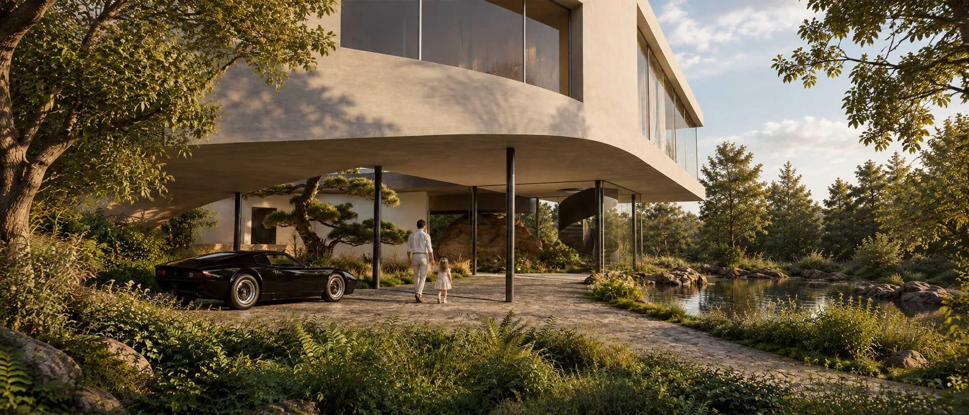 A father and daughter walking under the cantilevered volume of Rooted in Time toward the entrance
