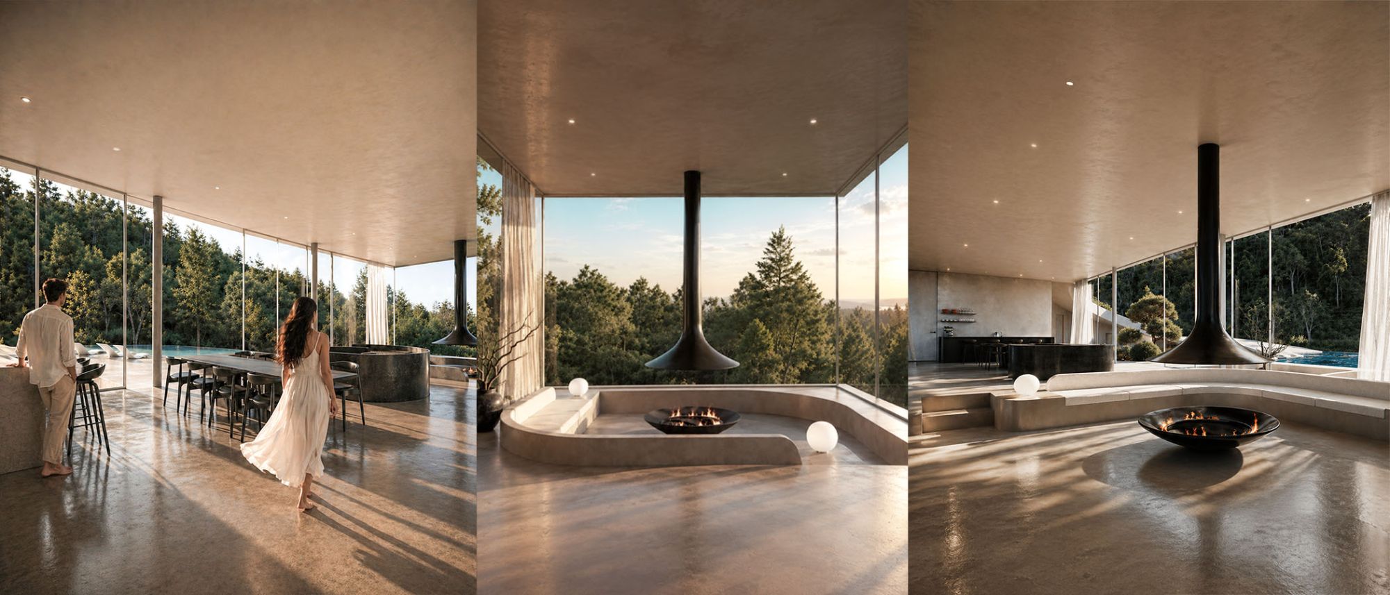 Three interior views of Rooted in Time: the dining space, the sunken fireplace lounge and the living area opening onto the forest