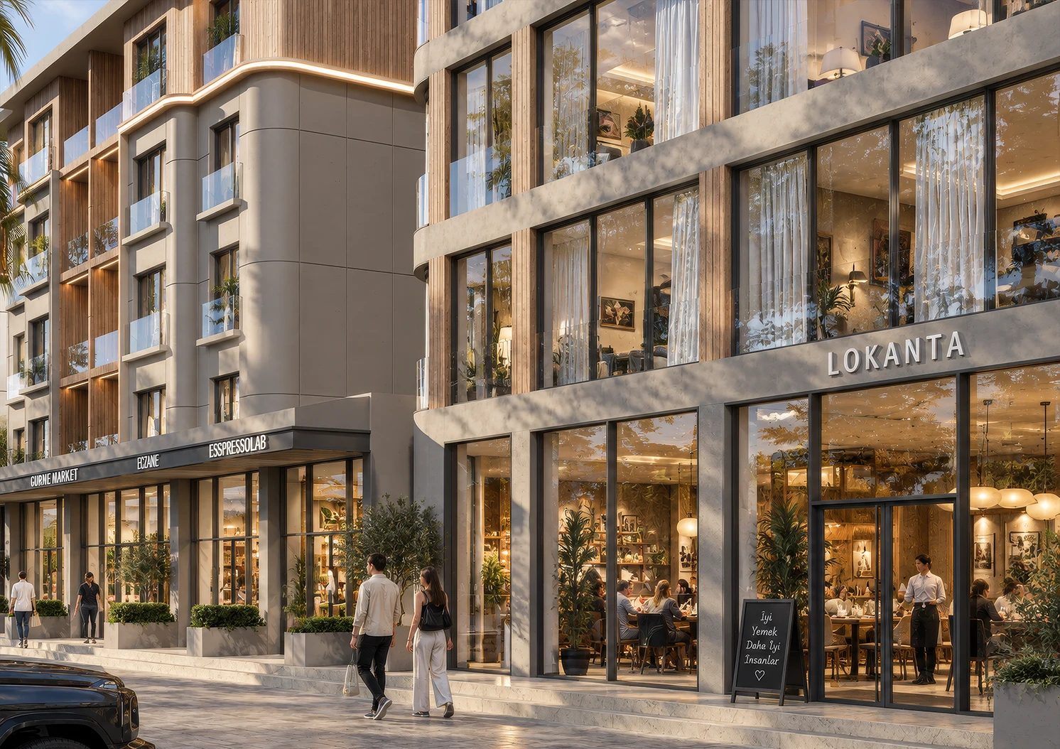 Street-level view of Valora Park Residences with a restaurant, café and shops beneath timber-clad balconies